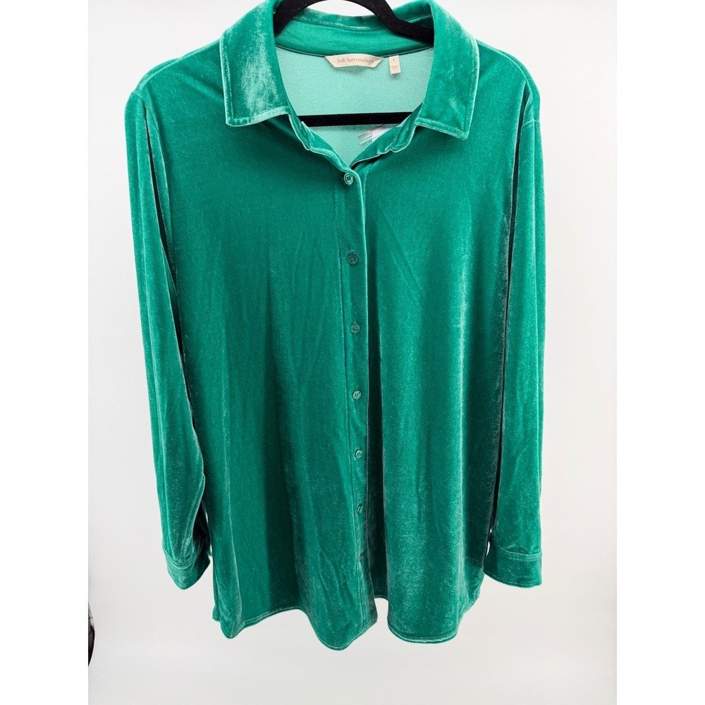 Soft Surroundings Velour Shirt Women's‎ Lg. Green Button Up Top Luxe Stretch NWT